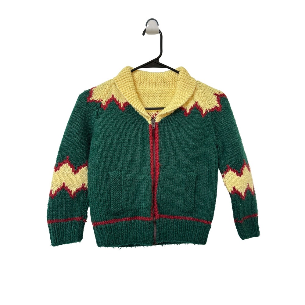 Vintage Handmade Lion Knit Zip Cowichan Cardigan Sweater Green Yellow Kids